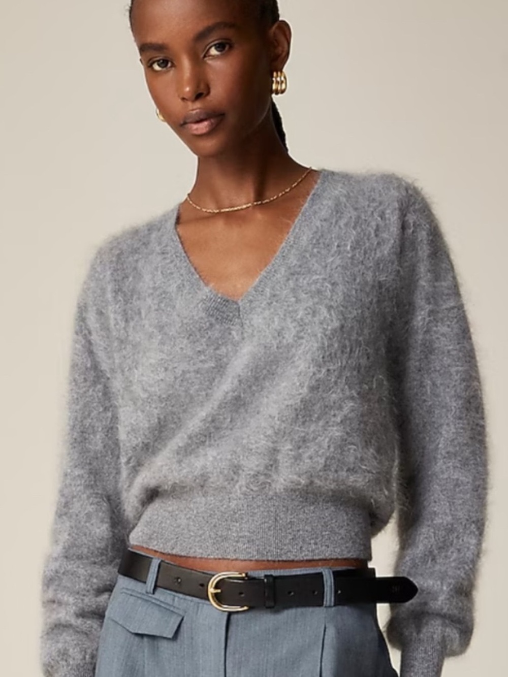 J Crew Brushed Fuzzy Cashmere Cropped V-Neck Sweater in Grey Color size Small